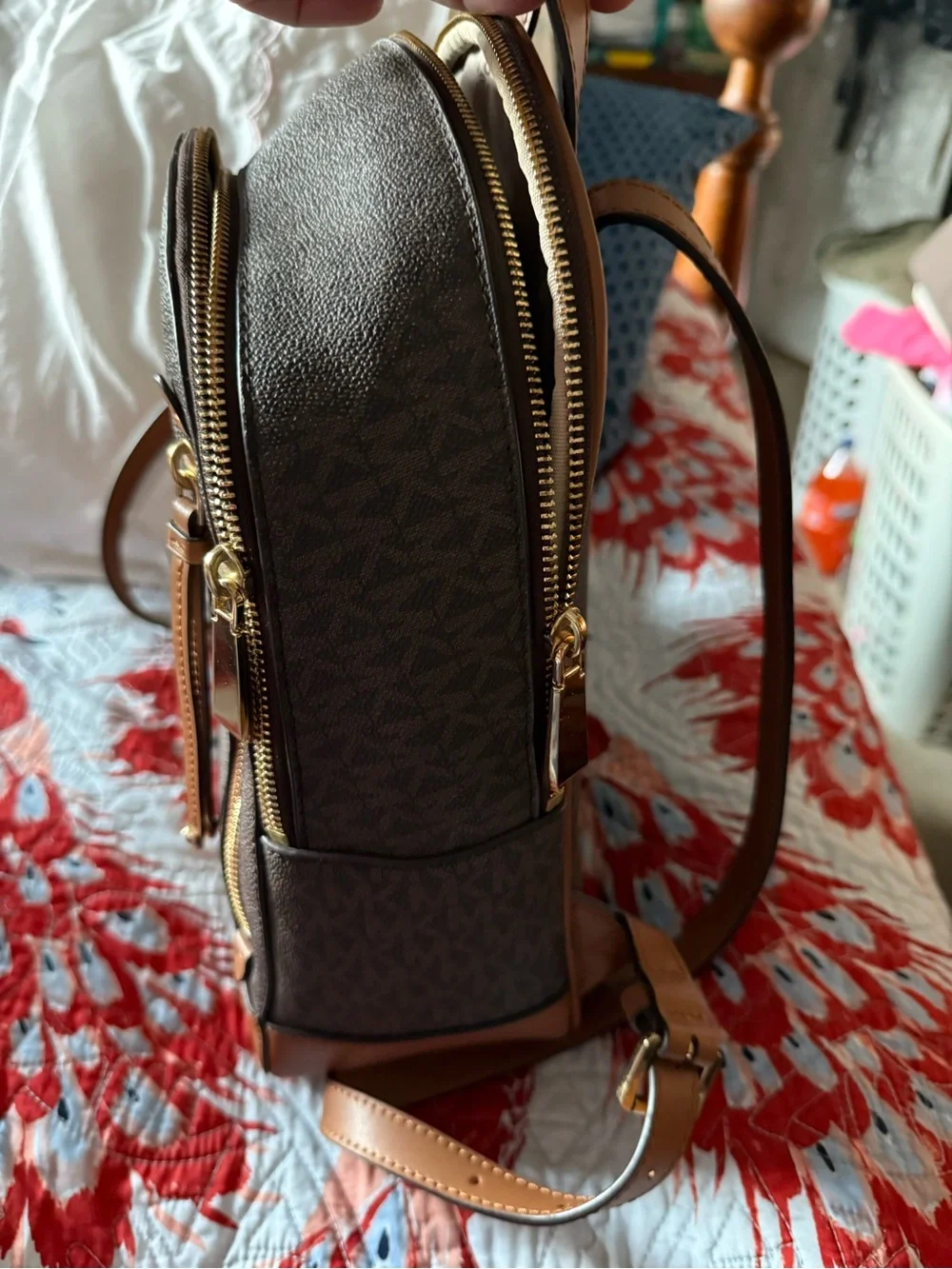 Michael Kors Brown Signature Backpack with Blue-Striped Wallet